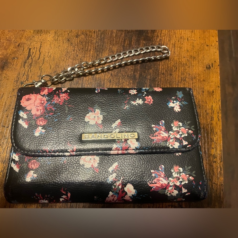 Bandolino Black Floral Wristlet with Silver Chain